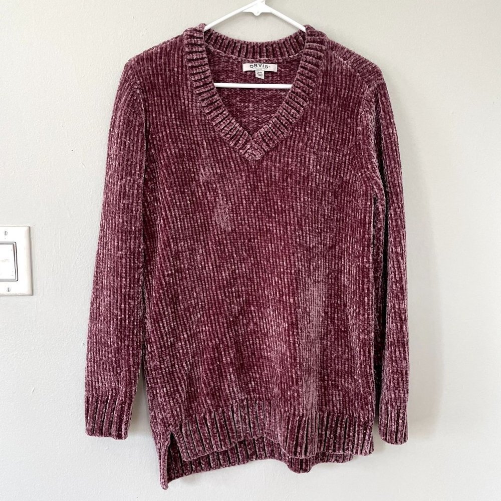Orvis purple v-neck sweater casual soft comfortable style velvet knit size M